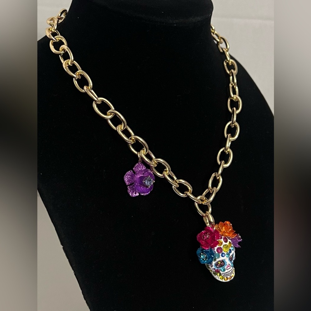 Betsey Johnson Gold Skull Pendant Necklace with Multicolor Accents - Picture 8 of 16